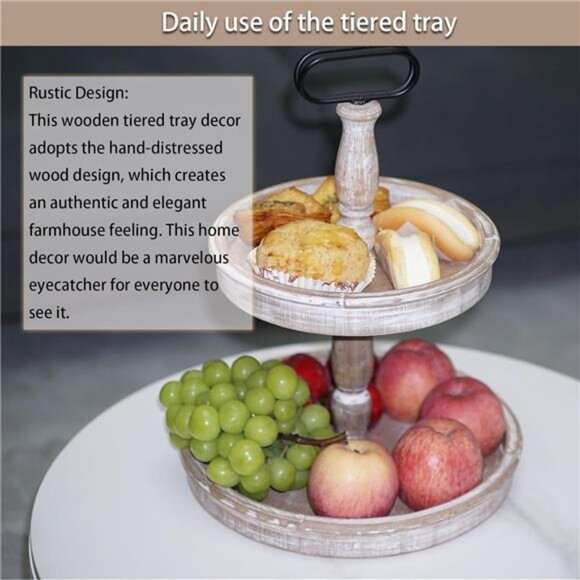 Decorative Trays - Two Tiered Tray Stand Rustic Decor Farmhouse 2  Wooden Tray - Picture 5 of 7